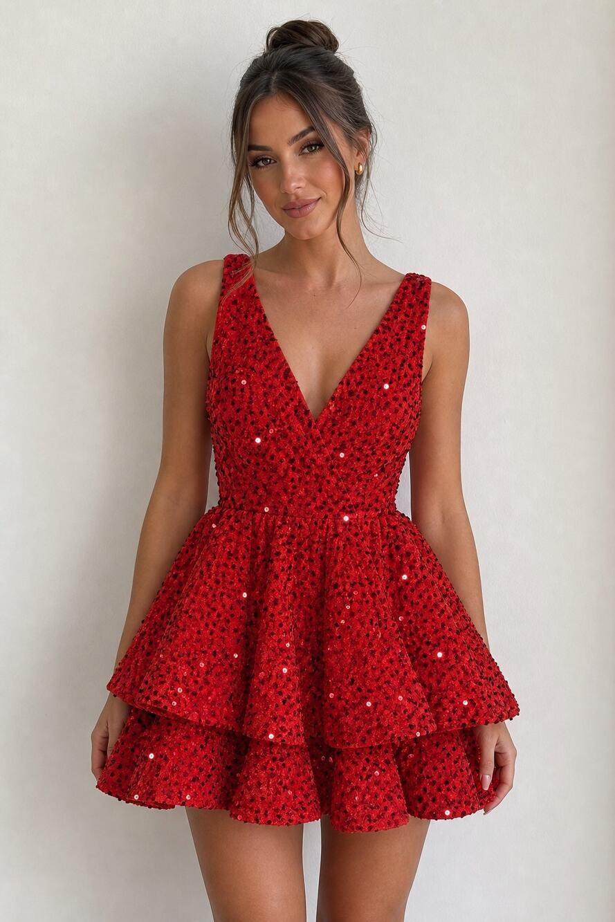 Red Sequin Party Dress Size 2 with Bow Back